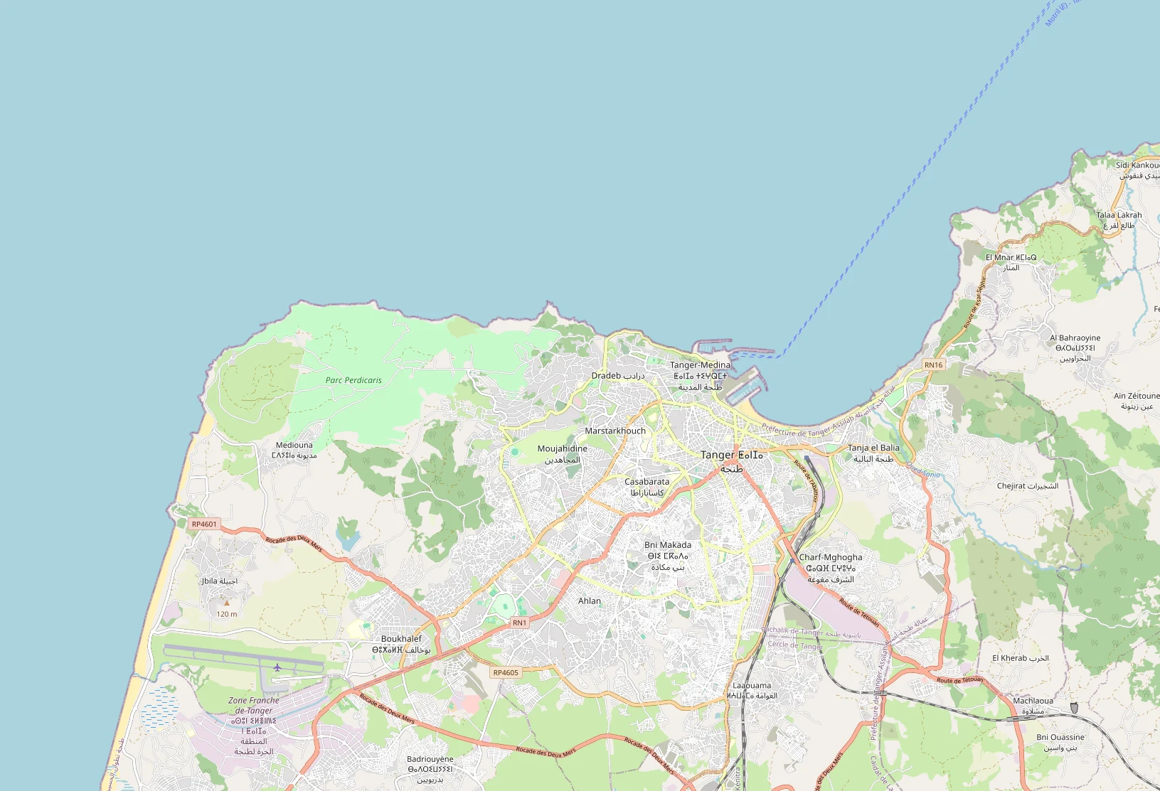خريطة شوارع حقيقية لطنجة ومضيق جبل طارق